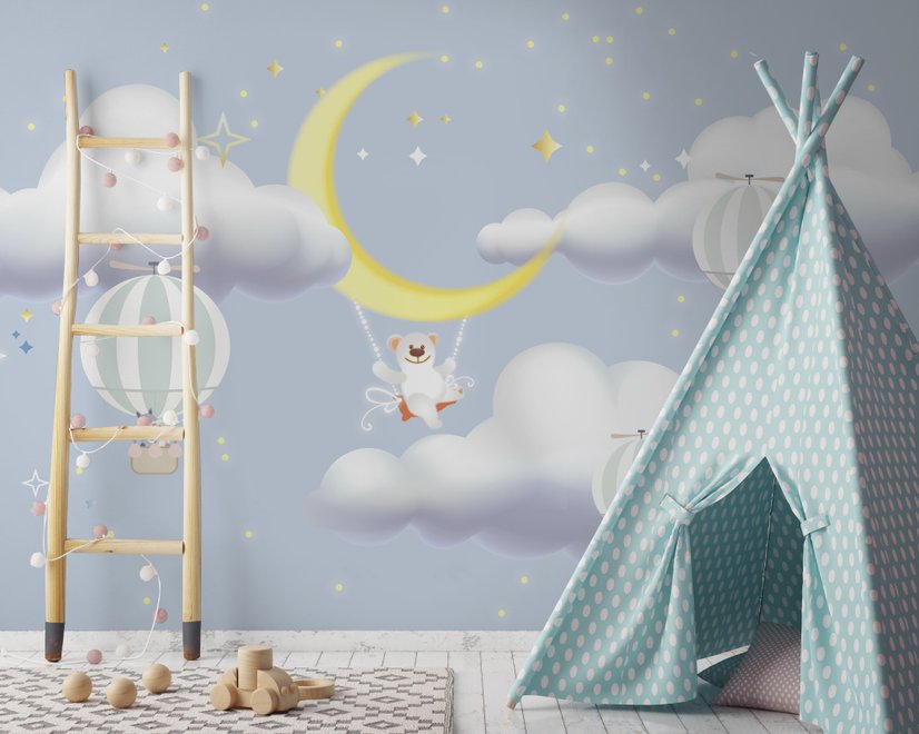 Kids Cartoon Cloud and Yellow Moon Wallpaper Mural