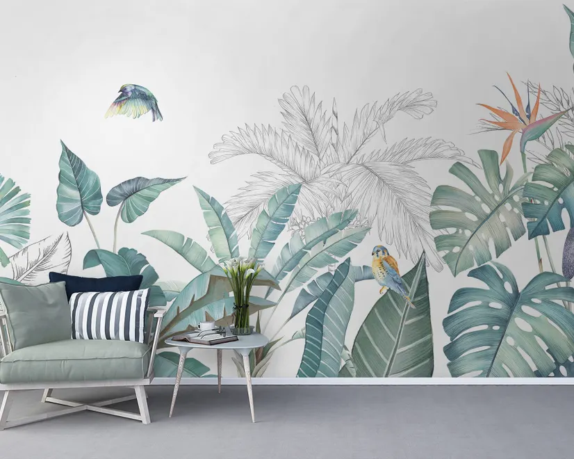 Papier peint panoramique de feuilles vertes et tropicales