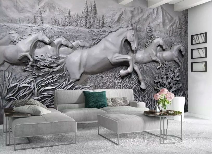 3D Embossed Look Cement Angel Horses Wallpaper Mural