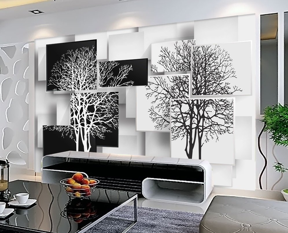 Black White Tree with Abstract Cube Wallpaper Mural - Peel and Stick