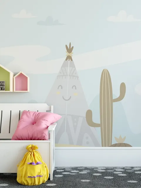 Cartoon Landscape with Happy Sun Wallpaper Mural