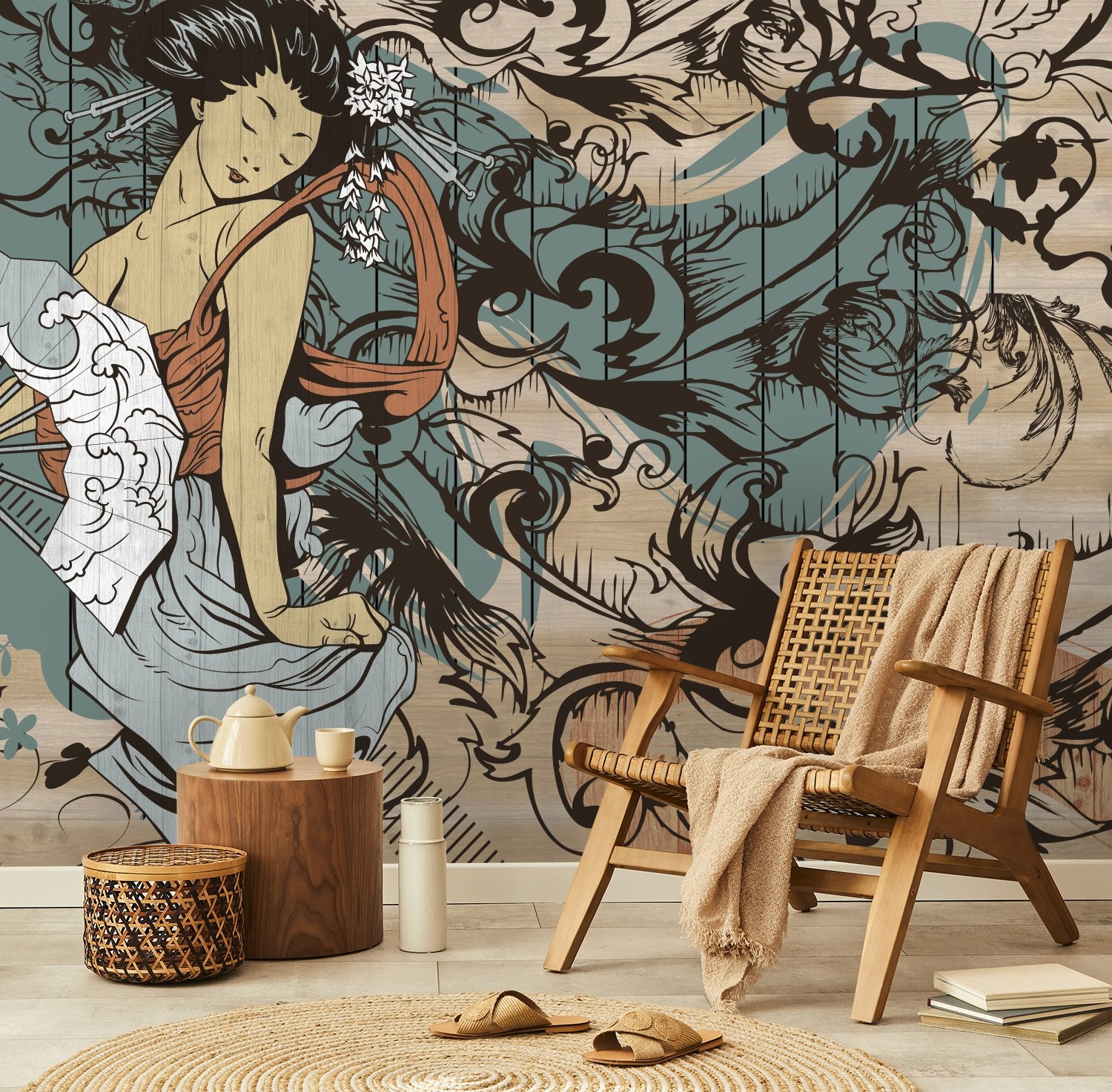 Retro Japanese Artistic Girl Wallpaper Mural - Peel and Stick
