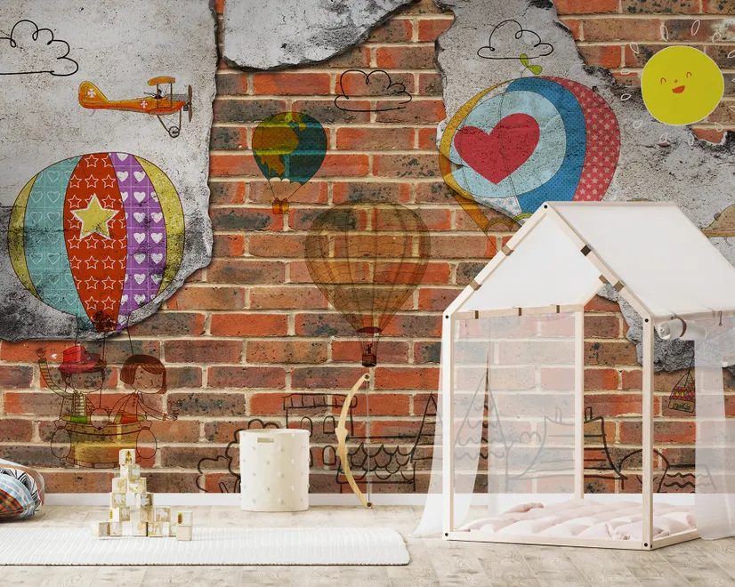 Hot Air Balloon with Young People on Brick Wallpaper Mural