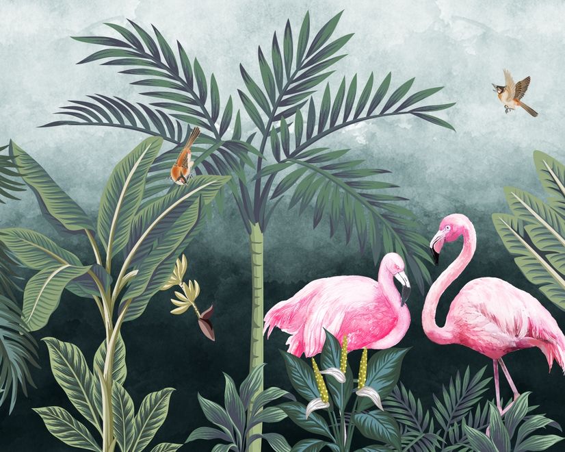 Pink Flamingo with Vintage Forest Wallpaper Mural