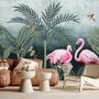 Pink Flamingo with Vintage Forest Wallpaper Mural