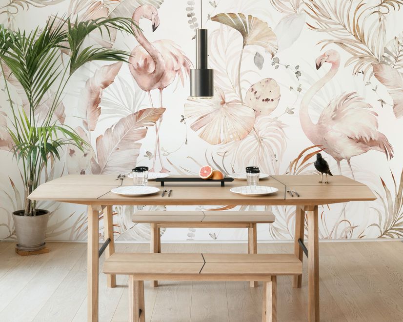 Soft Flamingo Art with Boho Tropical Leaf Wallpaper Mural