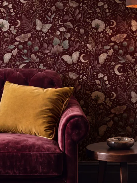 Pink butterflies wallpaper on a claret ground with cream flowers, moons, stars and spotted mushrooms.