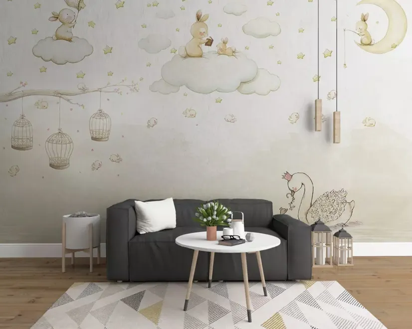 Rabbits on the Clouds and Empty Cages Wallpaper Mural