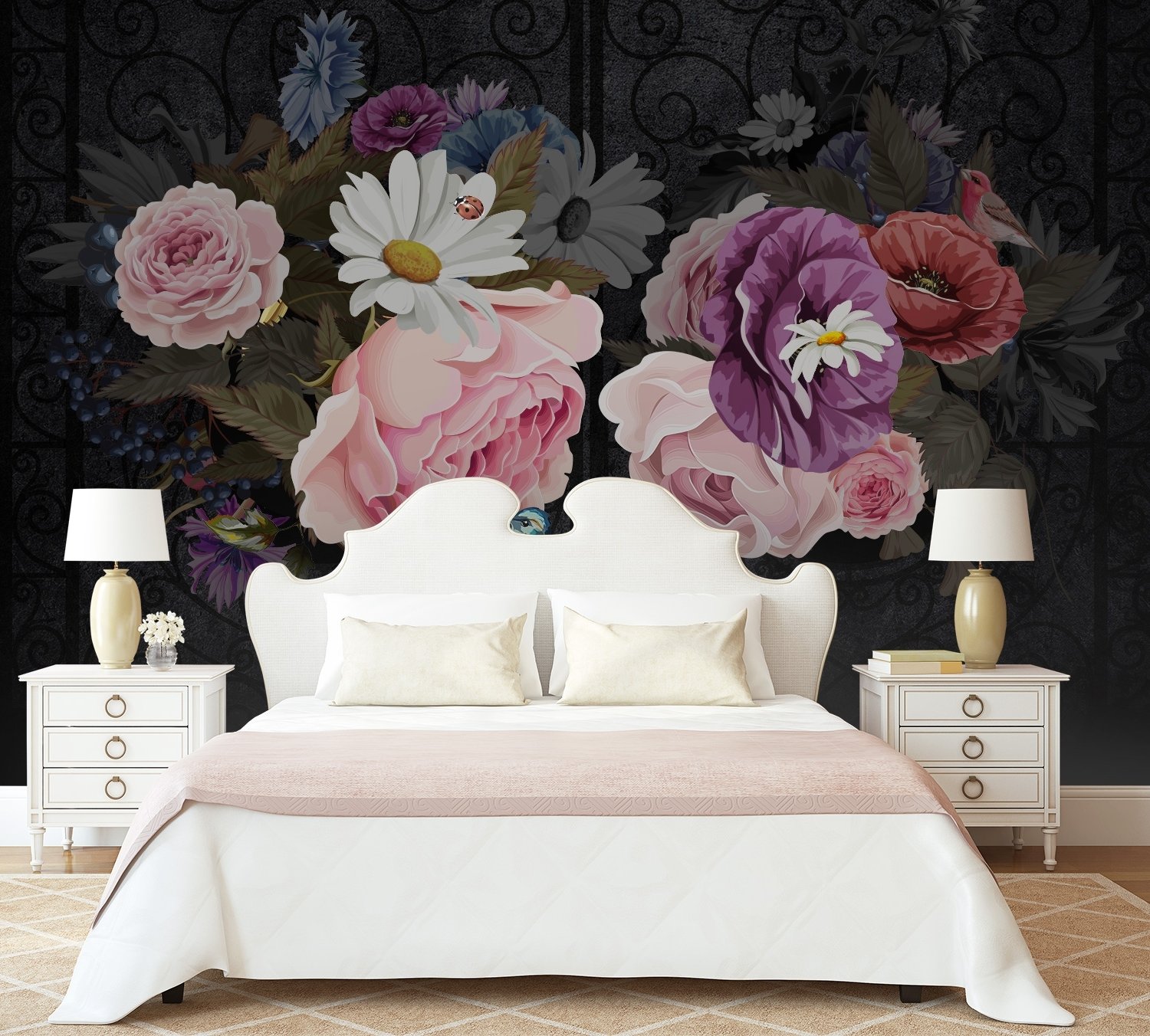 Dark Floral with Colorful Peony Wallpaper Mural - Peel and Stick