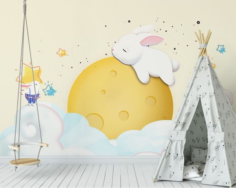 Baby Cartoon Rabbit and Yellow Moon Wallpaper Mural