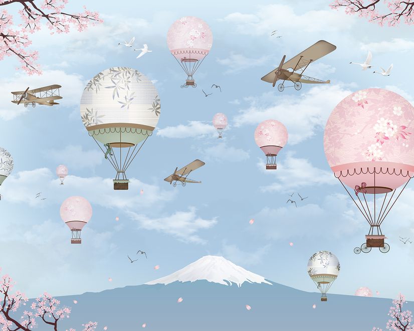 Cherry Blossom with Soft Hot Air Balloon Wallpaper Mural