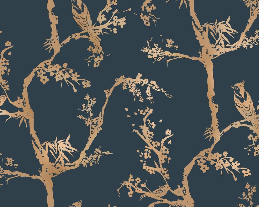 Gold Faux Tree Blossom Branch Silhouette with Birds Wallpaper Mural