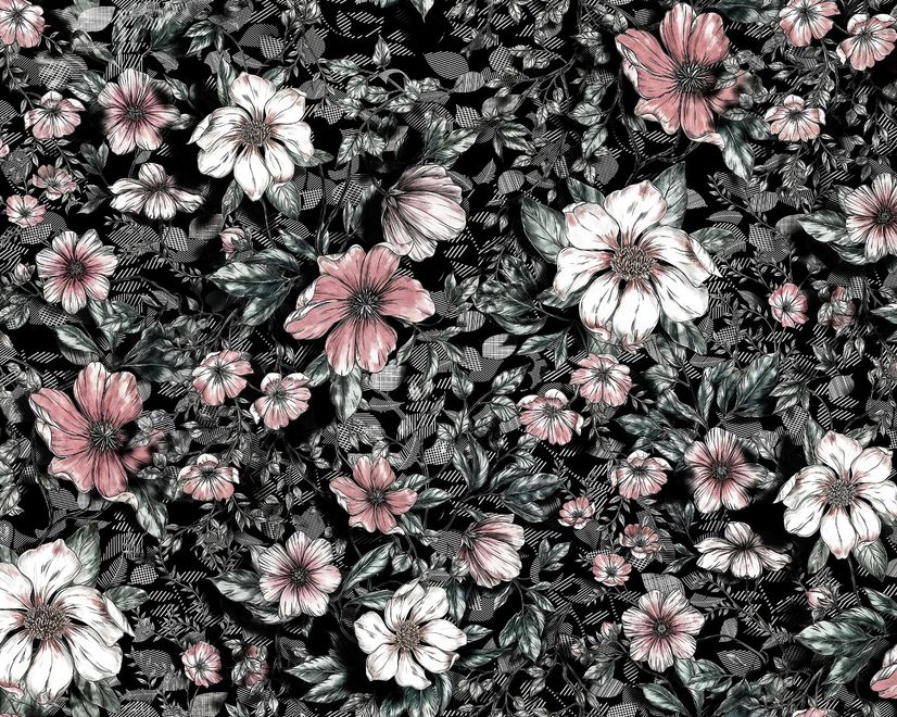 Papier peint panoramique floral foncé avec marguerite blanche