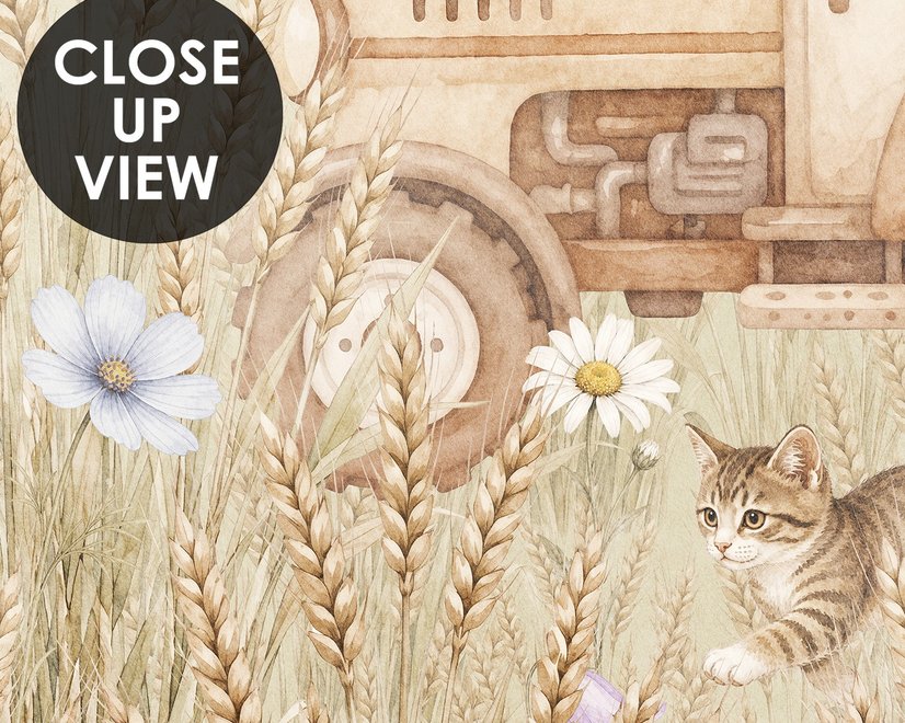 Watercolour farmhouse animal wall mural with cottages, horse, cow, tractor and wheat meadow