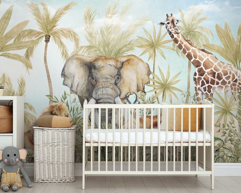 Watercolor Safari Animals in Forest Wallpaper Mural