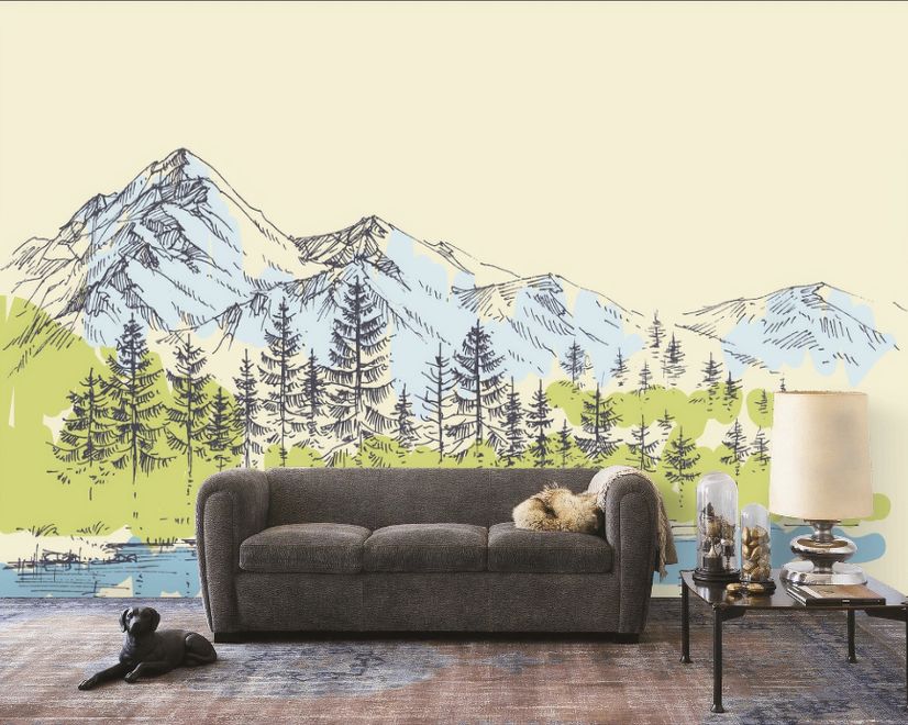 Charcoal Mountain Landscape with Lake and Pine Trees Wallpaper Mural