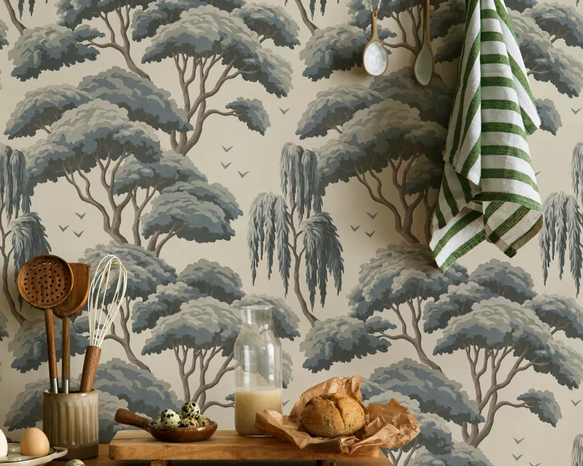 Vintage Japanese tree nature wallpaper with blue-grey canopies, willow foliage, birds and ivory-cream ground