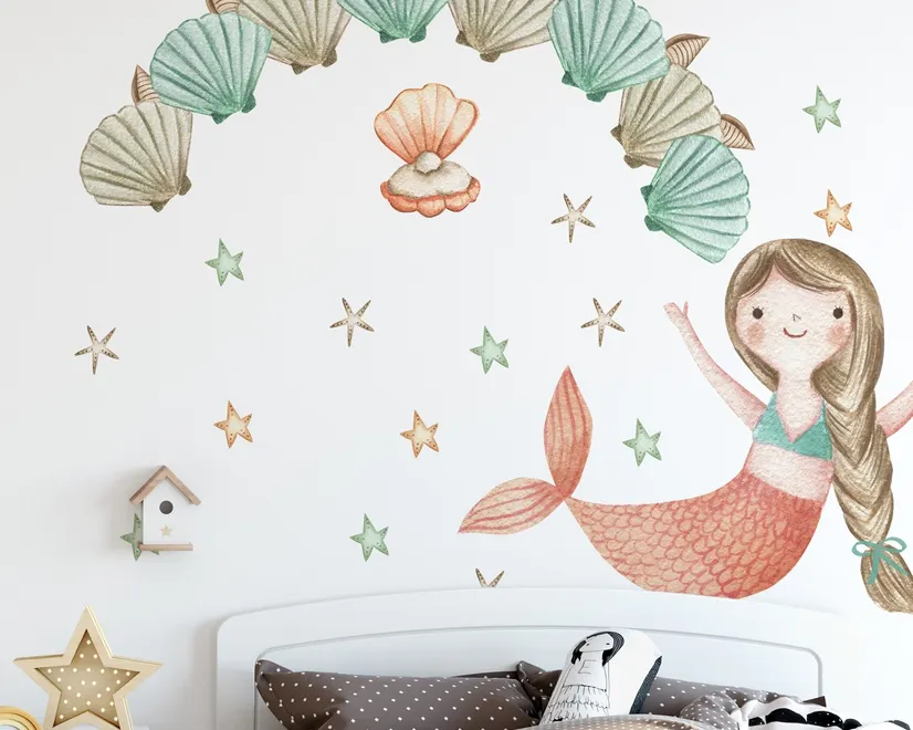 Kids Mermaid Girls with Pearl Oyster Wall Decal Sticker