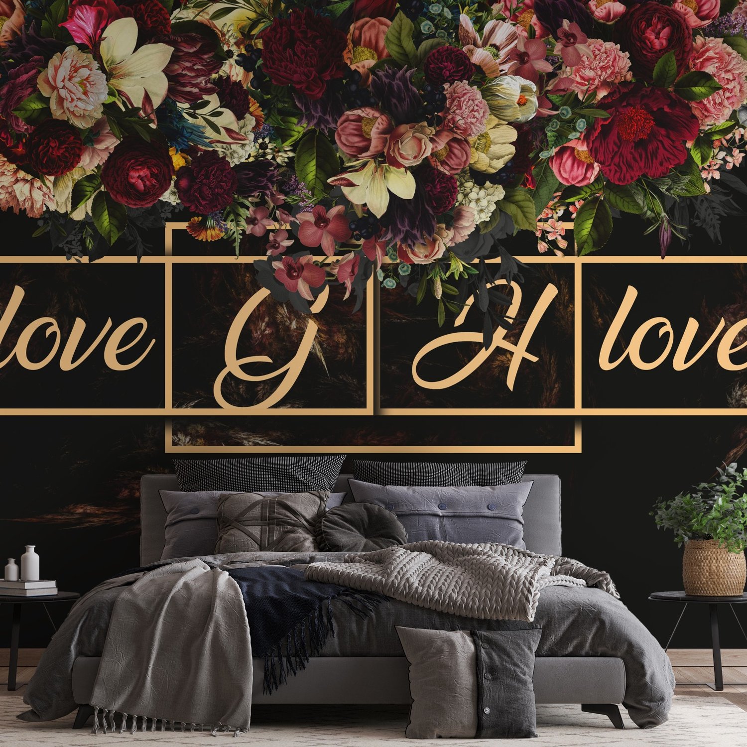 Dark Dutch Floral with Your Write Text Wallpaper Mural - Peel and Stick