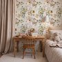 Watercolour floral wallpaper with sage leaves, blush and ochre flowers on a white ground
