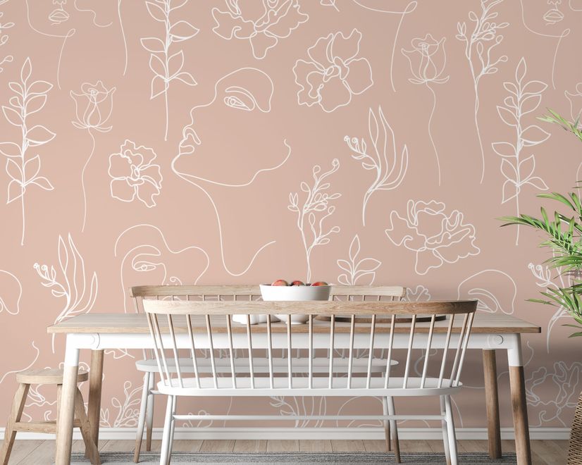 Soft Woman Face with Floral Drawing Line Art Wallpaper Mural