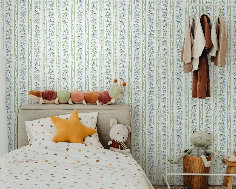 Blue floral stripe wallpaper with pale sky-blue bell flowers, green vines and sage bands on white