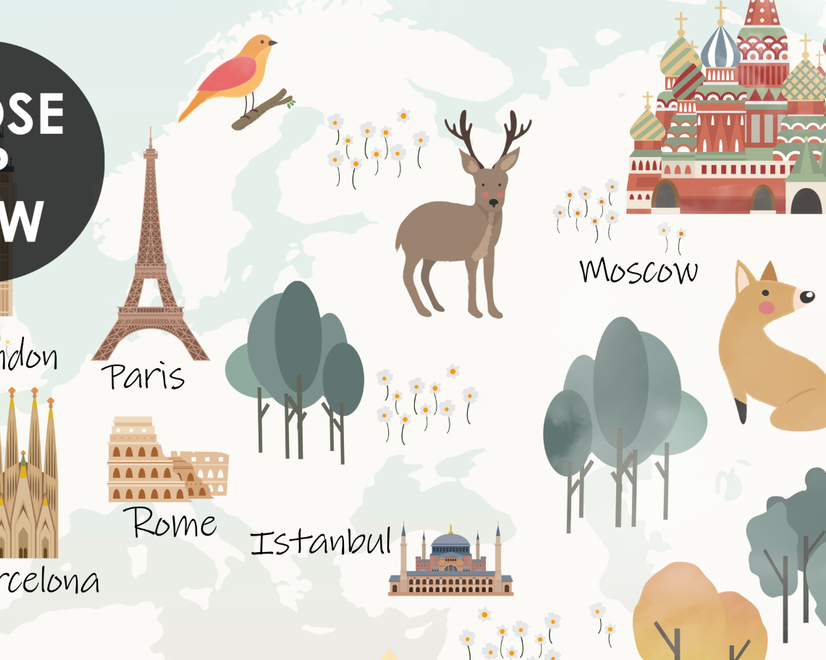 Kids Pink World Map with Cute Animals and Little Balloons Wallpaper Mural