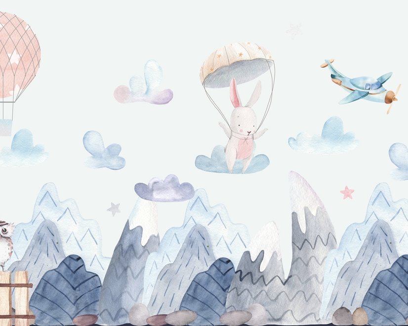 Watercolor Style Kids Landscape with Cute Bunny Wallpaper Mural