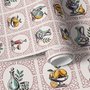 Bar wallpaper with cream tile grid, dusty rose arches, illustrated wine bottles, fruit and café still lifes