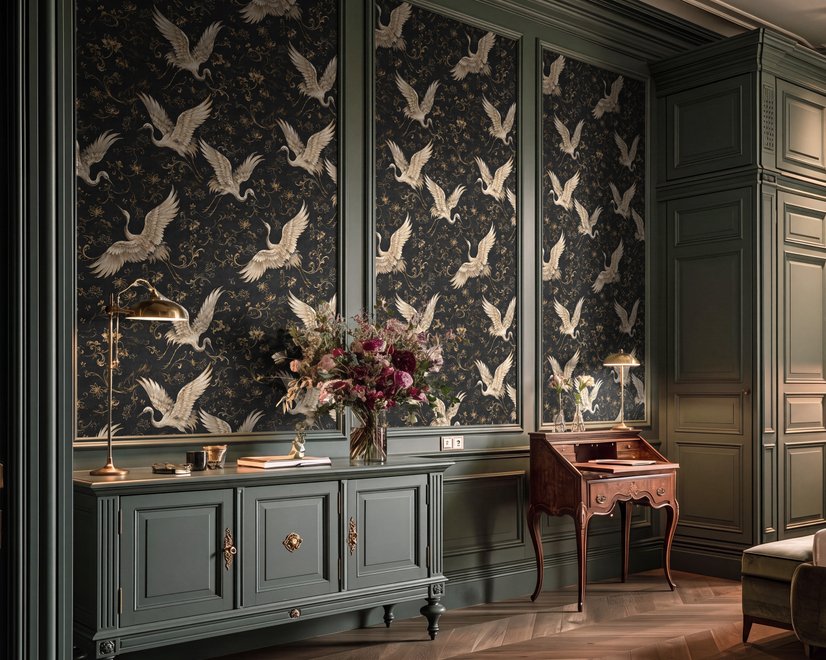 Ivory cranes and antique gold lotus flowers on charcoal-black Japanese lotus wallpaper