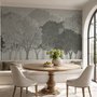 Light gray wallpaper mural with layered ink-wash woodland trees, falling leaves and birds