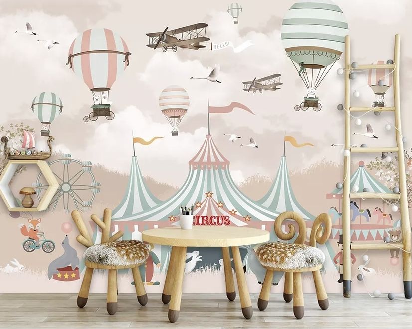 Kinder Cartoon Zirkus mit Heißluftballon Fototapete