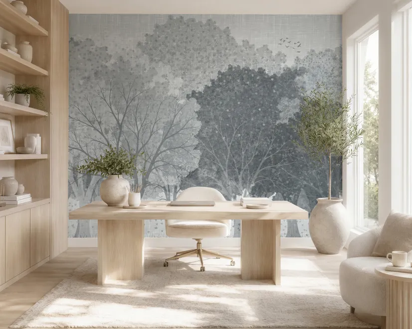 Light gray wallpaper mural with misty forest trees, falling leaves and birds