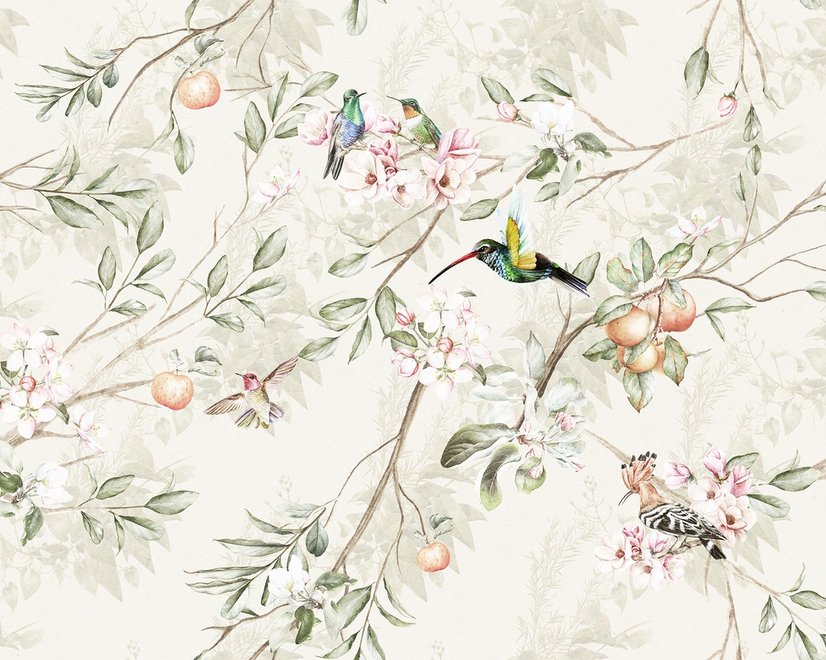 Papier peint fleurs vintage oiseaux
