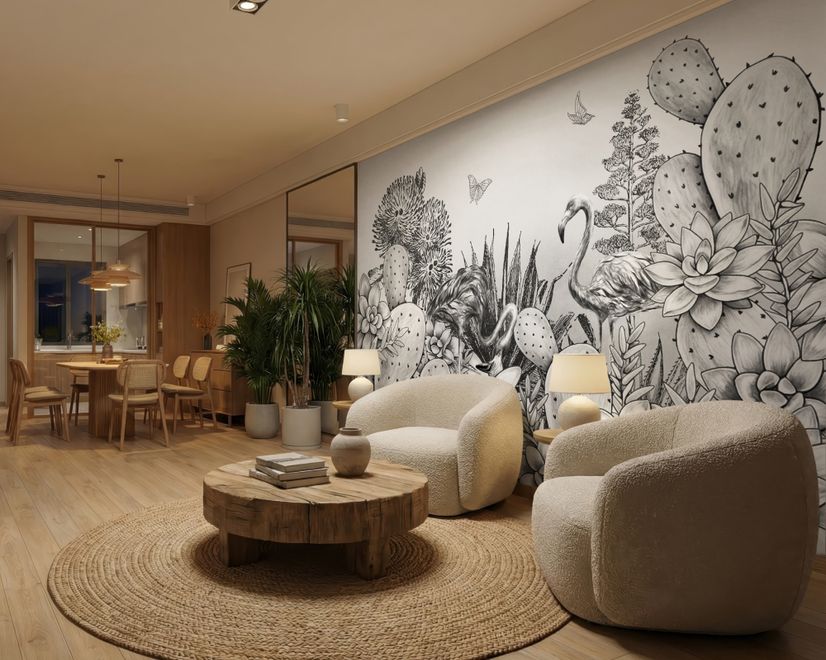 Monochrome Cactus Floral with Flamingo Drawing Wallpaper Mural