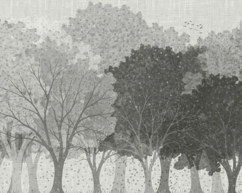 Light gray wallpaper mural with layered ink-wash woodland trees, falling leaves and birds