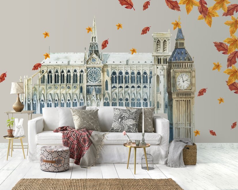 Londres Big Ben et Westminster avec feuilles d'automne Stickers muraux Sticker