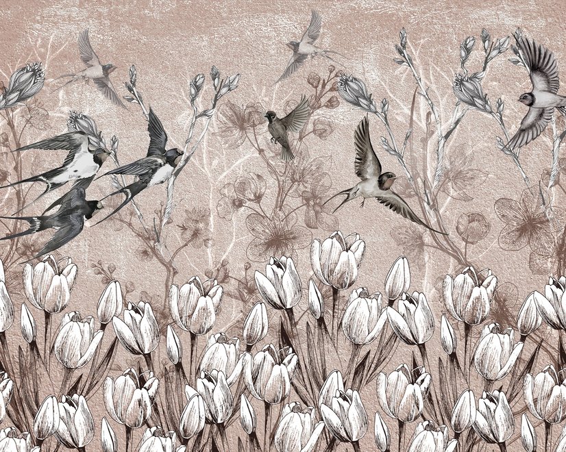Fototapete Fliegende Vögel auf Blumen