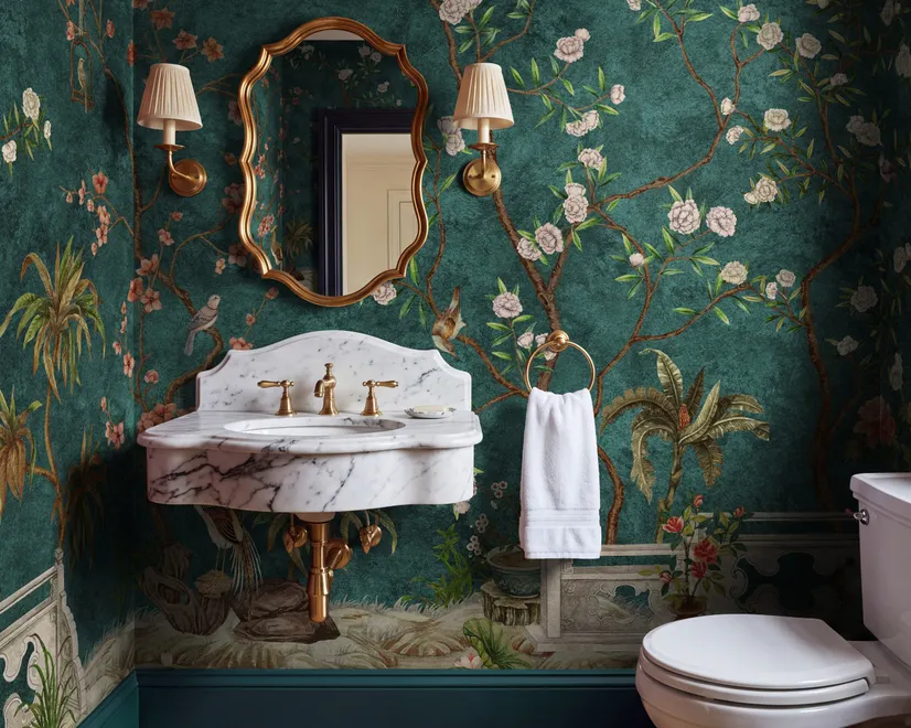 Floral wallpaper with birds in a teal chinoiserie garden with blossoms, pheasant, palms and stone railings