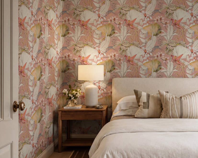 Pink tropical wallpaper with ivory fan palms, orchids, coral blossoms and sage foliage on dusty rose