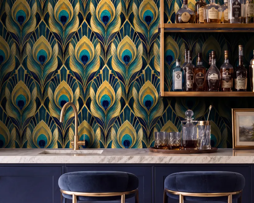 Art Deco feathers wallpaper with turquoise peacock eyes, gold plumes and navy teal ground