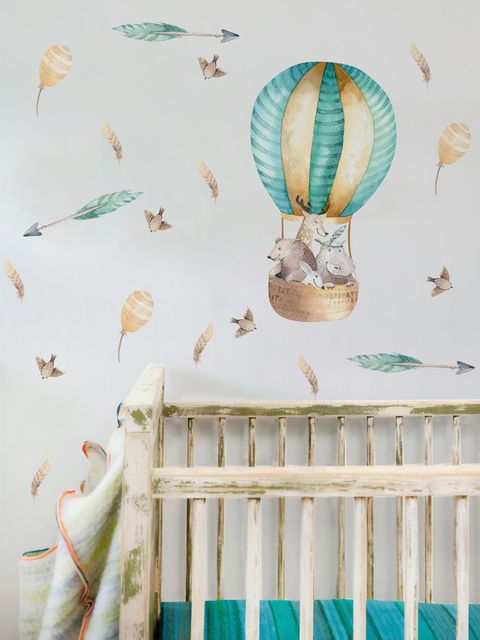 Stickers muraux montgolfière aquarelle avec animaux et plumes colorées pour enfants
