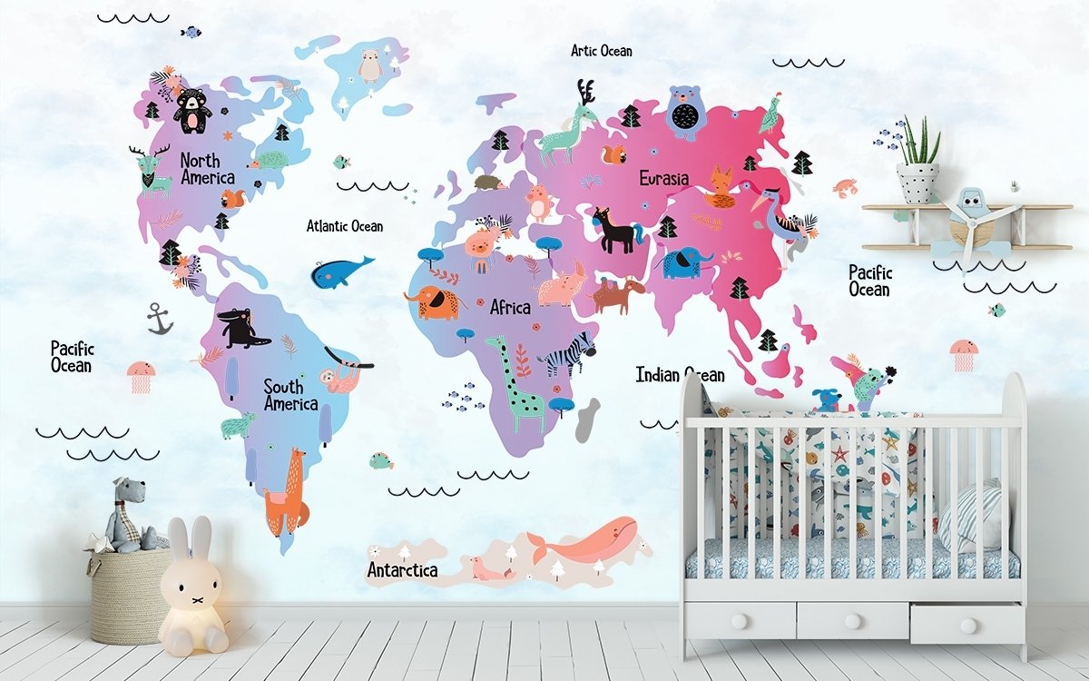 Colorful World Map with Cartoon Animals Wallpaper Mural - Peel and Stick