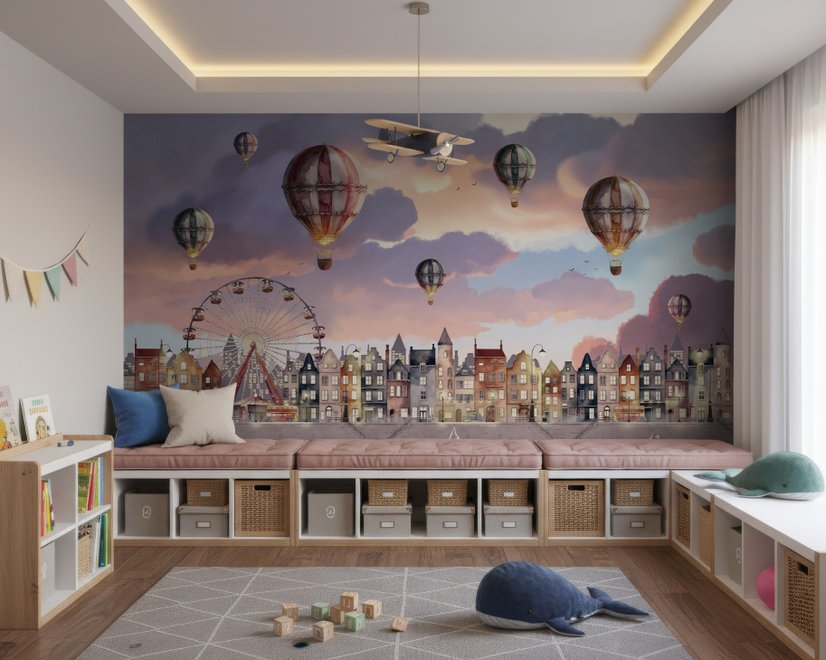 Kids Harbor Village and Hot Air Balloons Wallpaper Mural