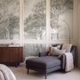 Coastal woodland wallpaper mural with grey trees, sandy path, sea horizon and small white sailboats