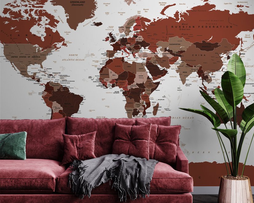 White and Brown Political World Map Wallpaper Mural