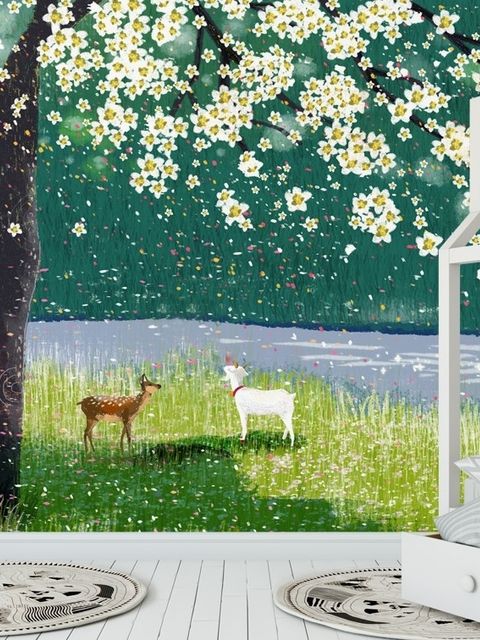 Aquarell Wald mit Pfirsichblüten Fototapete