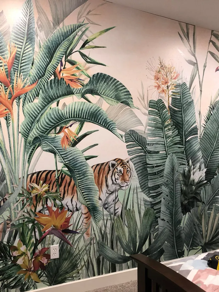 Tiger and Tropical Leaves Wallpaper Mural