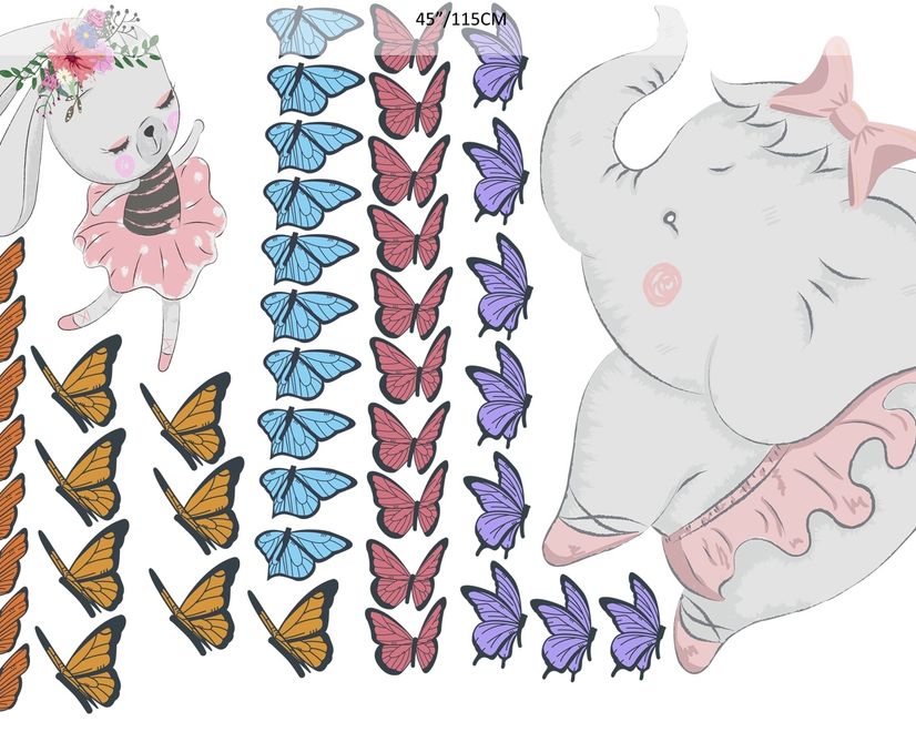 Kids Pink Ballerine Elephant and Bunny with Little Butterflies Wall Decal Sticker