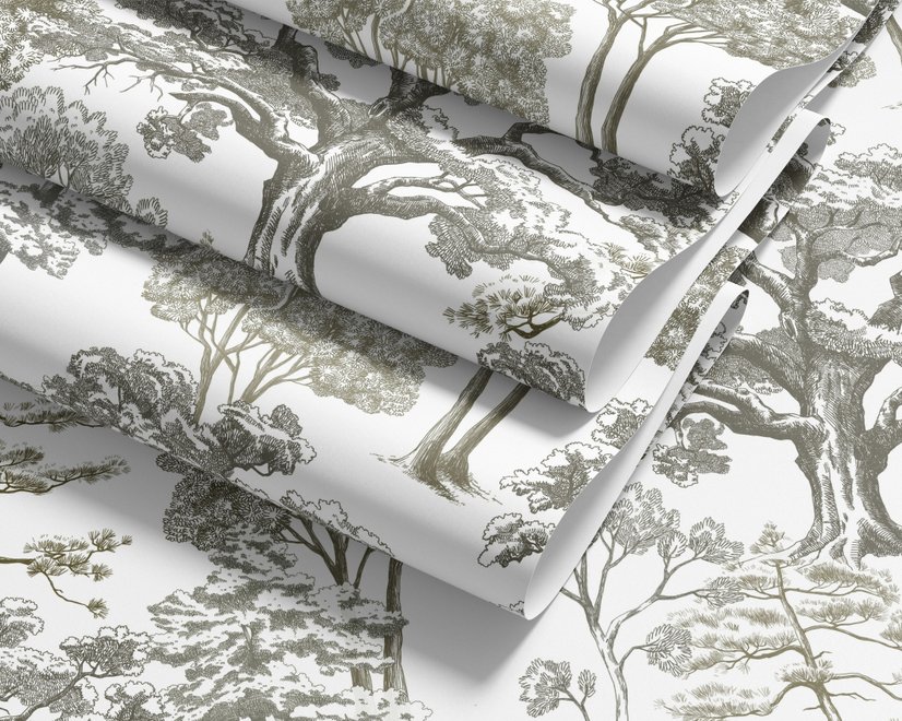 Monochrome wallpaper with grey tree toile on a clean white ground